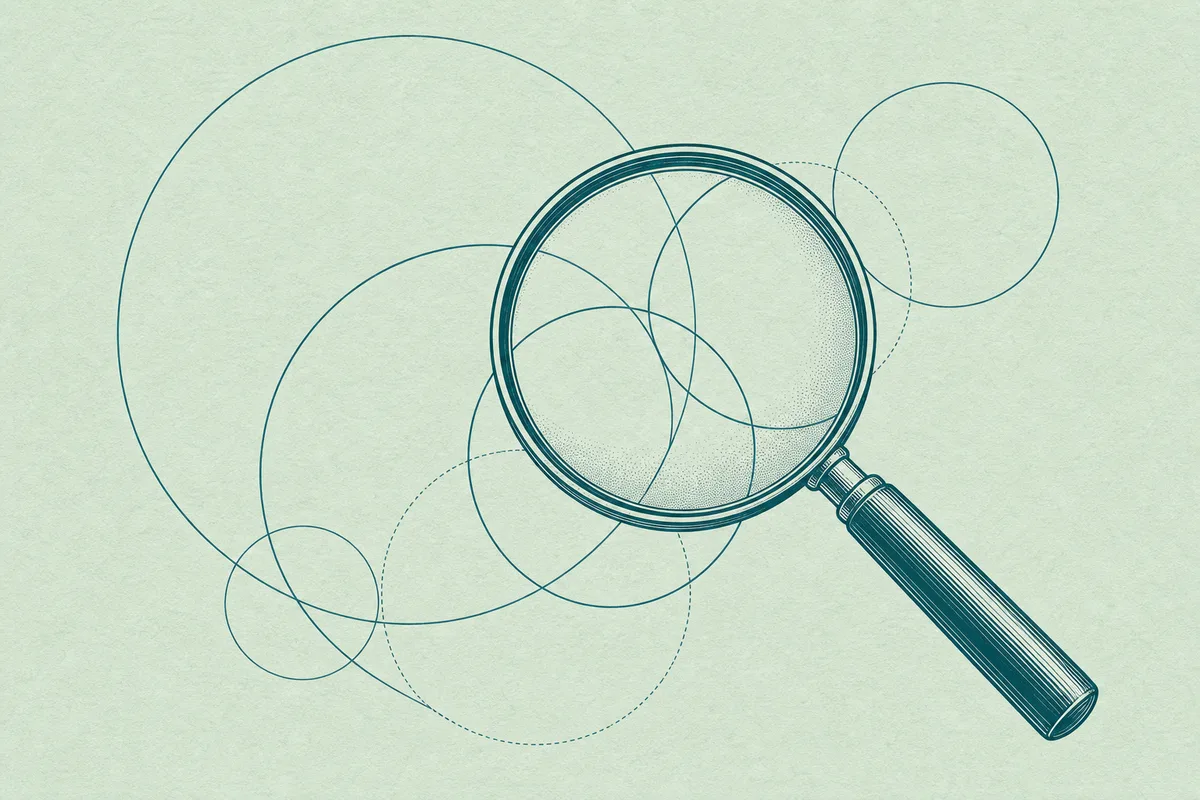 Abstract illustration of a magnifying glass over overlapping circles
