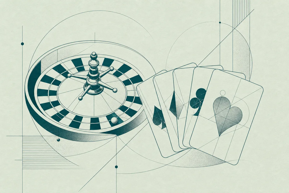 Abstract illustration of a roulette wheel and a fan of playing cards