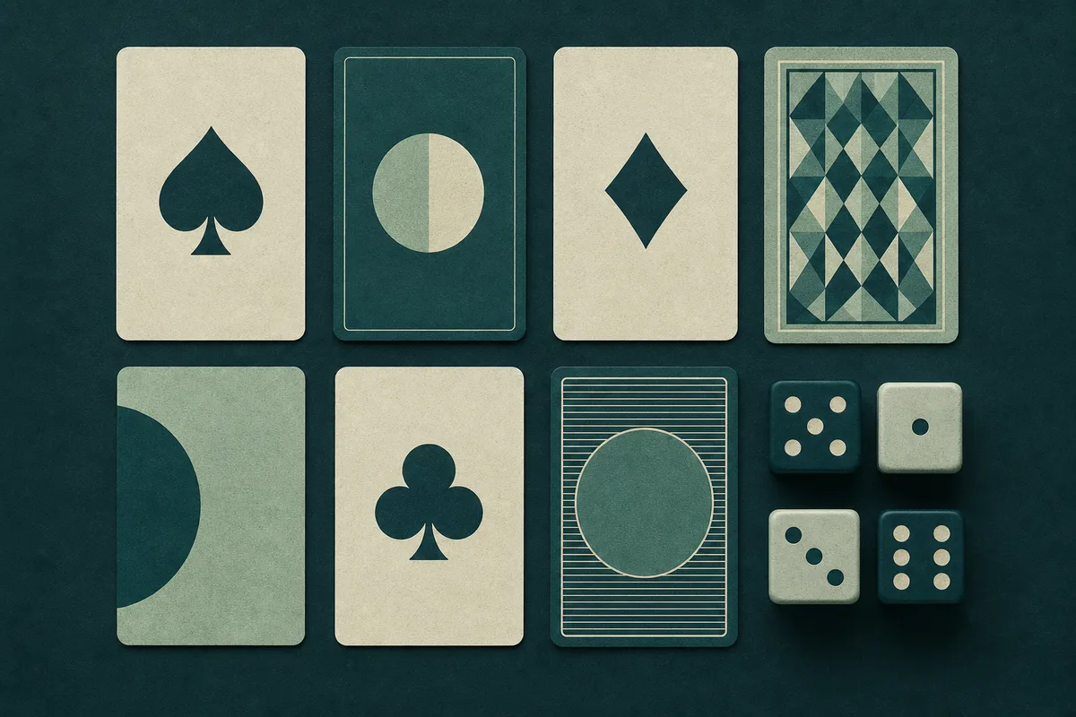 Abstract illustration of playing cards and dice arranged in a grid