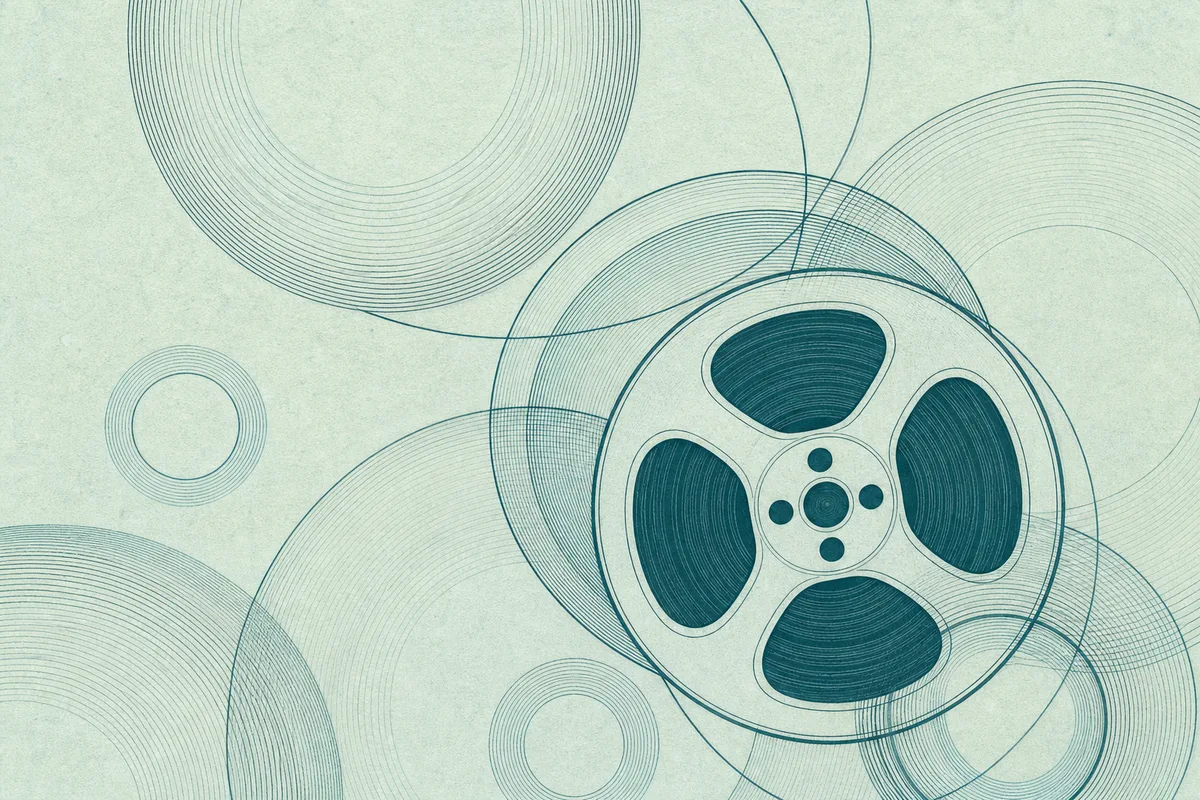 Abstract illustration of overlapping rings and a film-reel motif