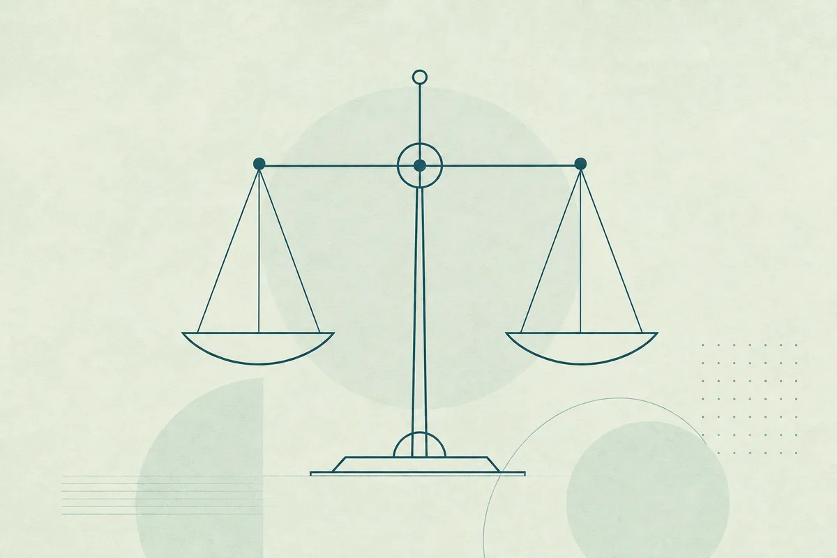 Abstract line-art illustration of a balanced set of scales
